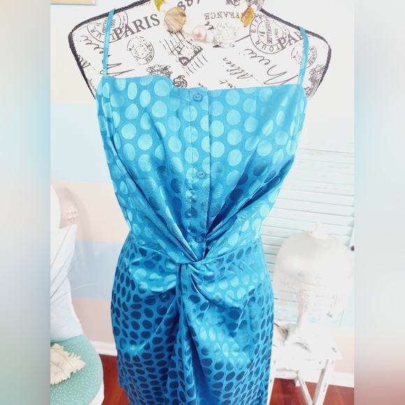 NWT LuLus Lush Celine Teal Blue Satin Polka Dot Twist-Front Mini Dress - Picture 4 of 11